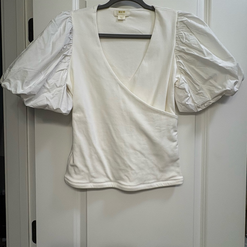 Maeve White Wrap Top with Puff Sleeves